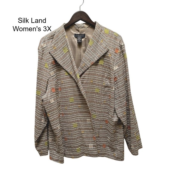 Silk Land Jackets & Blazers - Silk Land Woman 3X Blazer Jacket Brown Striped Geometric Cotton Blend Plus Size